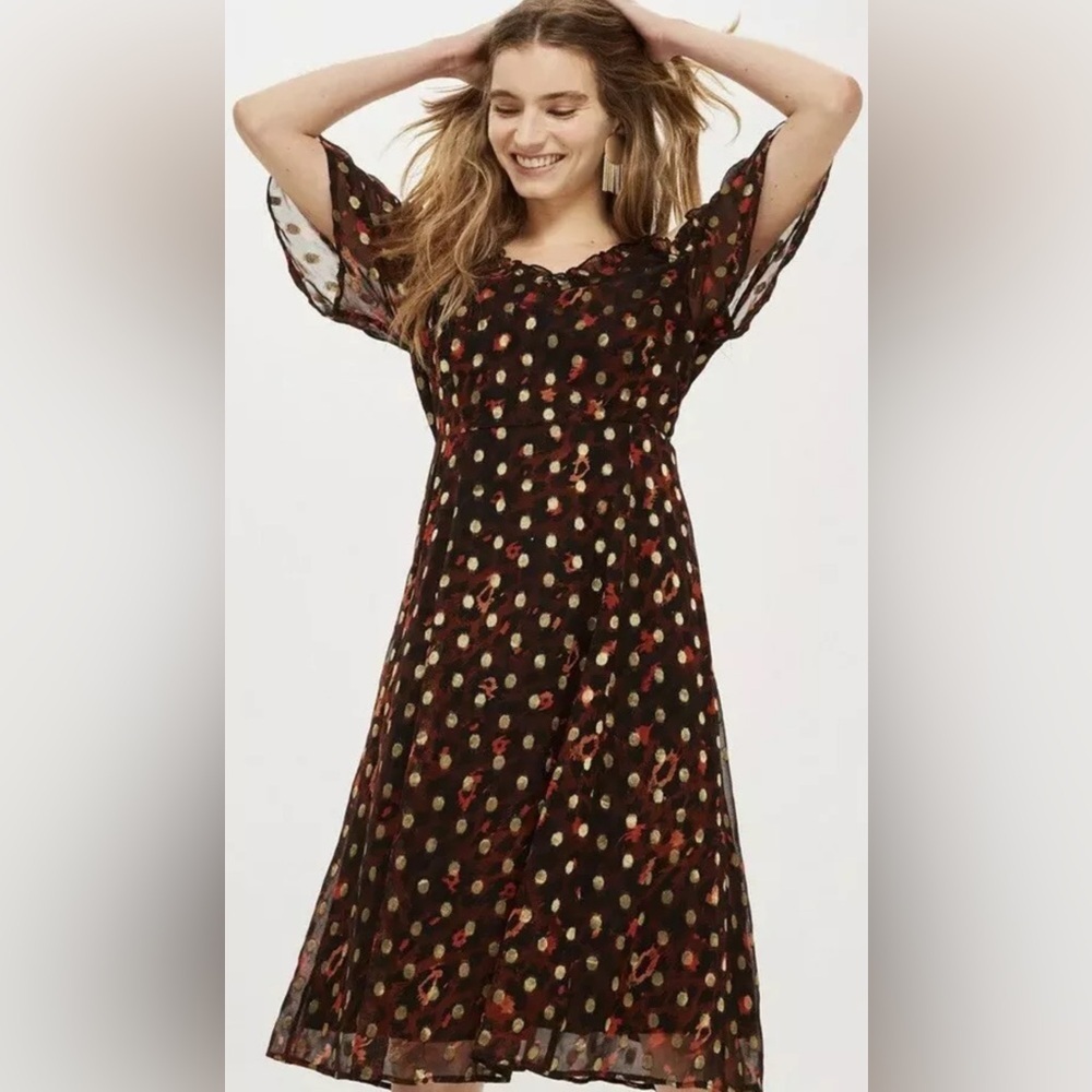 Topshop Leopard Print Bardot Midi Dress Metallic Shimmer Strap Party XS S